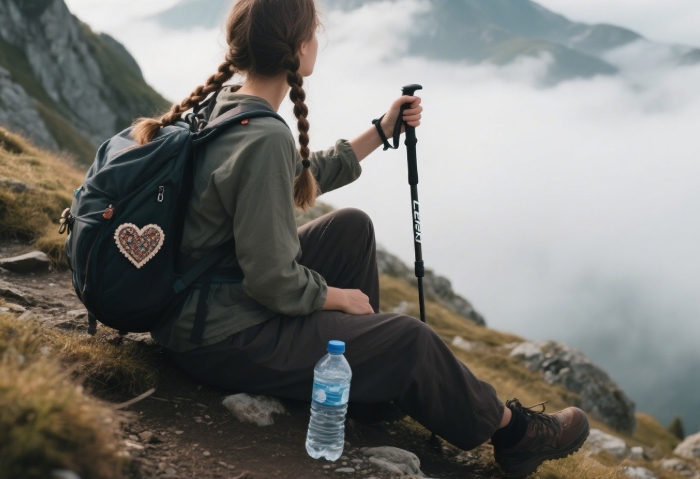 Woman using Leki trekking poles on a steep mountain trail