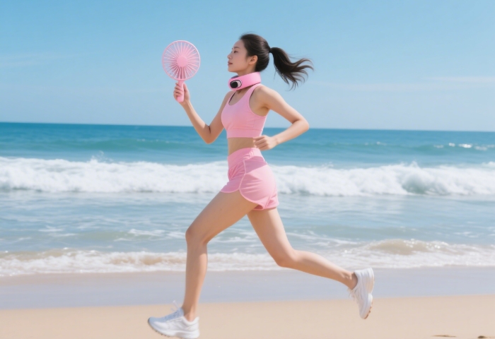Woman using a hands-free USB neck fan on a sunny day