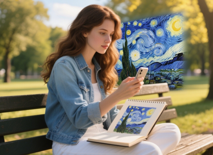 Woman using smartphone to activate AR animation of Van Gogh painting inside sketchbook