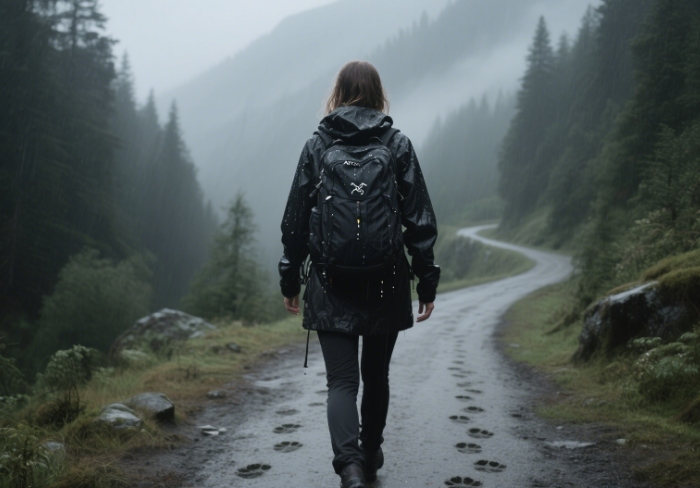 Woman wearing Arc'teryx Beta LT jacket hiking in rainstorm