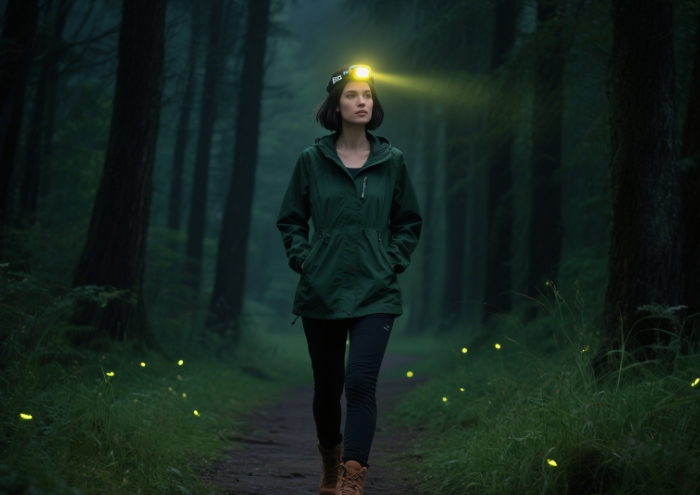Woman wearing BioLite HeadLamp 800 Pro on nighttime forest trail