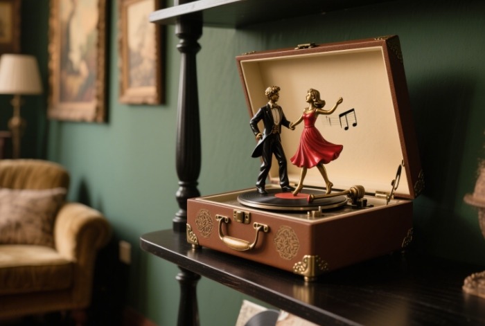 Wooden anniversary music box engraved with a couple’s names