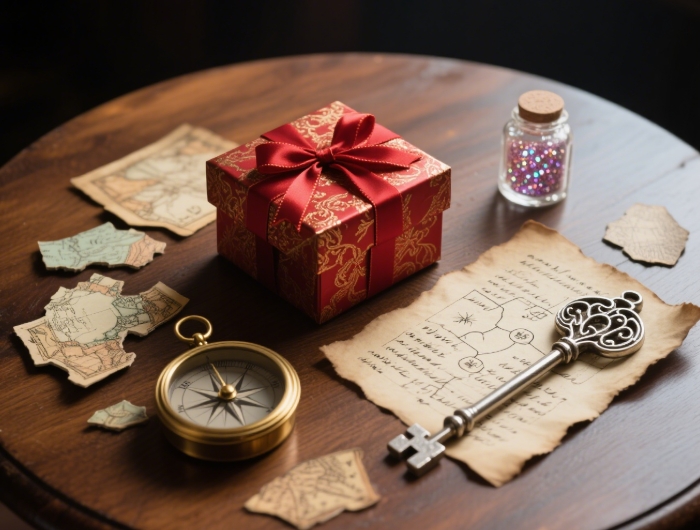 Wrapped gift box with adventure clues like map and compass - mysterious anniversary gift surprise