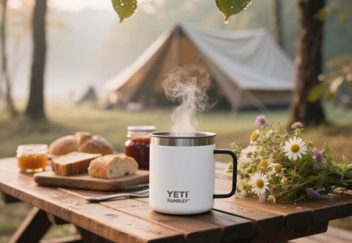 Yeti Rambler cup on picnic table at morning campsite