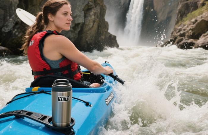 Yeti Rambler in a kayak cup holder with water splashing nearby