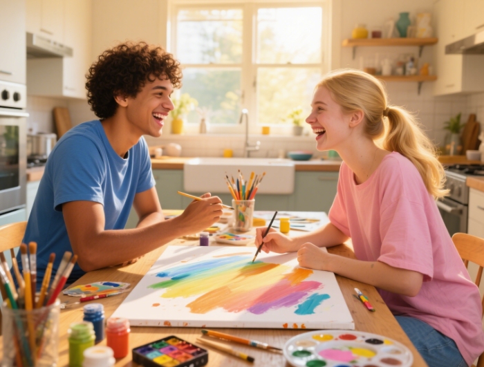 Young diverse couple laughing while painting canvases at kitchen table, art supplies scattered