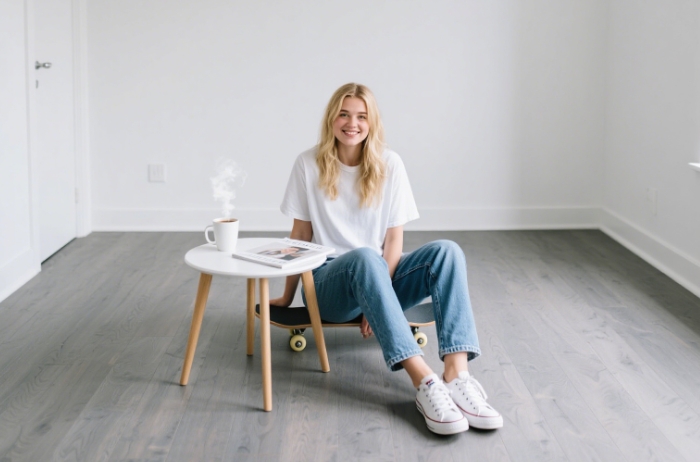 Young woman sitting on a skateboard stool in a minimalist apartment, using it as a side table for her coffee