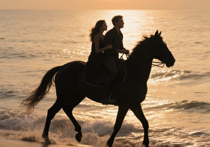 sunset horseback riding on beach romantic gift