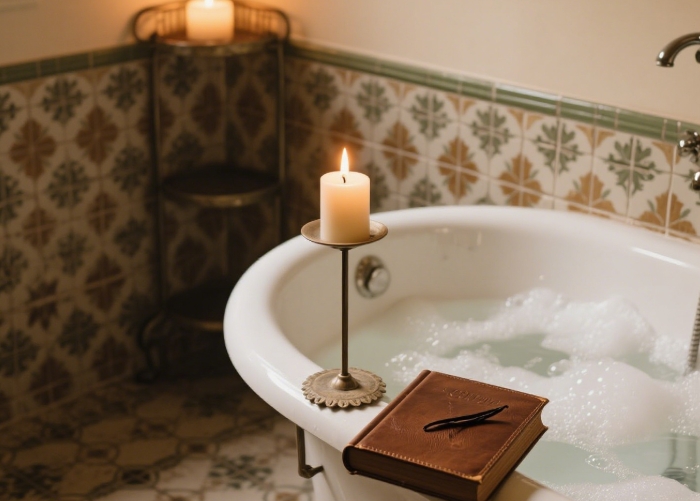 vanilla soy candle creating relaxing spa atmosphere in bathroom
