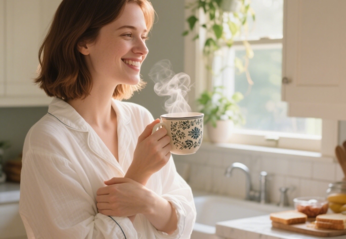 woman enjoying handmade floral coffee mug at cozy breakfast nook