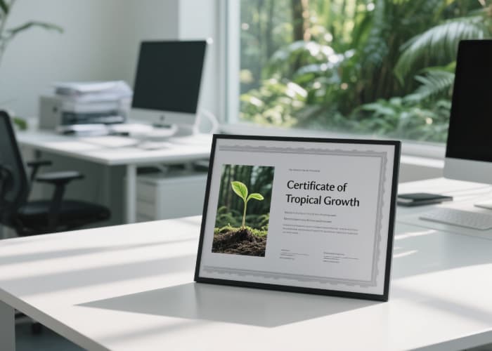 A beautiful certificate of dedication, with a small inset photo of a thriving young sapling in nature