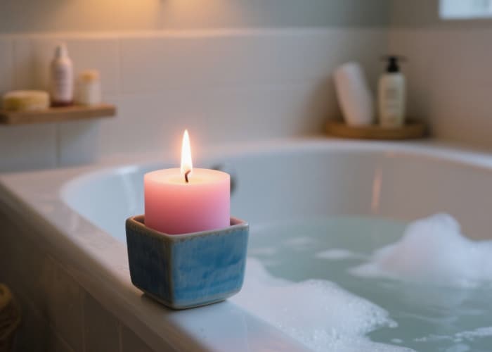 A beautifully crafted candle in a vessel, lit with a soft flame, perhaps beside a book or bath. Focus on ambiance