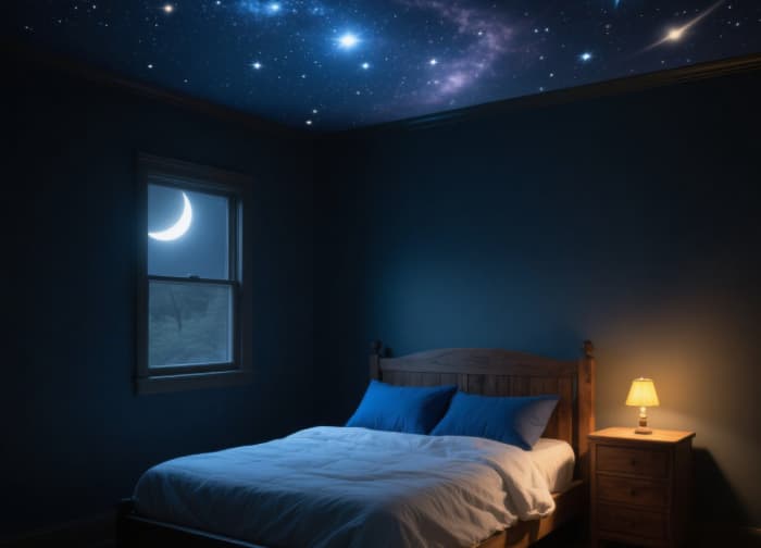 A dark, peaceful bedroom scene with a realistic star field projected beautifully on the ceilingwalls
