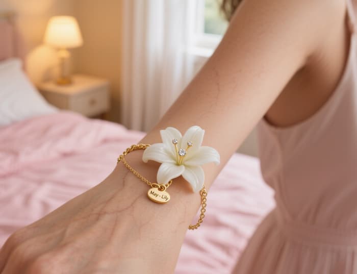 A delicate piece of jewelry featuring a specific, recognizable birth flower (e.g., rose for June, lily for May), worn or displayed simply