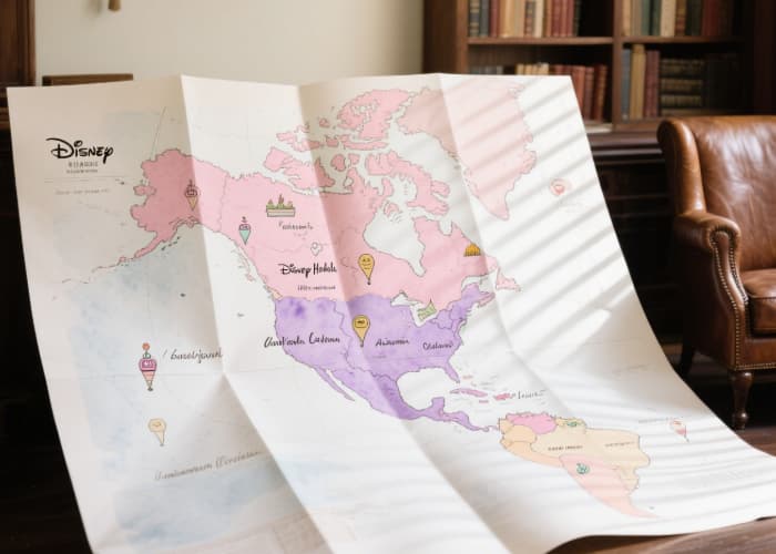 A flat-lay photo of an unfolded, beautifully illustrated map, with small, charming landmarks visible
