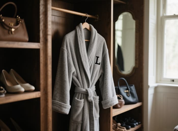 A luxuriously textured robe hanging neatly, with a subtle, elegant monogram visible