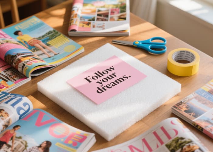 A neatly organized collection of dream board supplies (board, scissors, tape, magazines, inspirational quotes) laid out invitingly