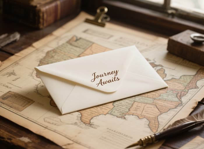 A single, elegant envelope with intriguing handwriting on the front, resting on a small piece of travel-related ephemera (e.g., a vintage map snippet)