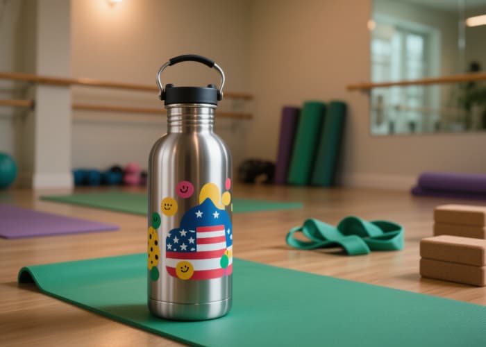 A single, high-quality item (notebook, bottle, tote) featuring elegant personalization, shown in the context of its use (on a desk, yoga mat, garden bench)