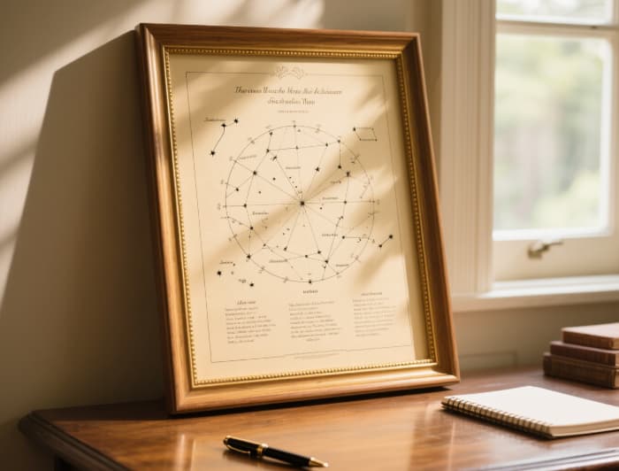 A tastefully framed, visually appealing excerpt from an astrology chart or genealogy report, displayed on a desk or shelf