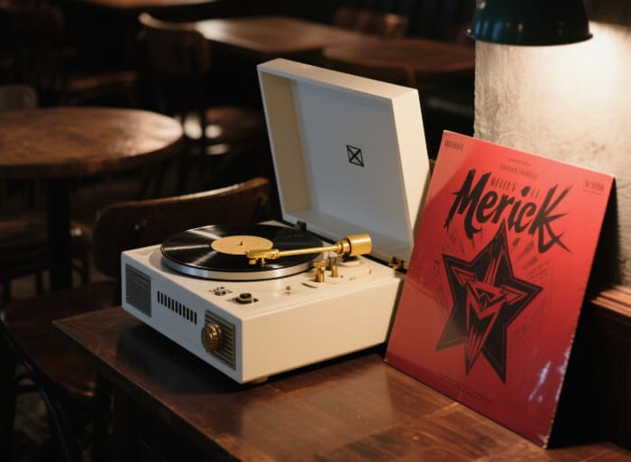 A vintage-style record player with a specific, meaningful record sleeve visible beside it