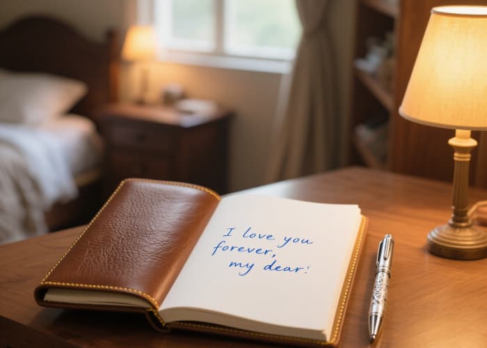 A well-crafted leather or cloth-bound journal, opened to the first page showing a handwritten note from you both, with pens resting nearby