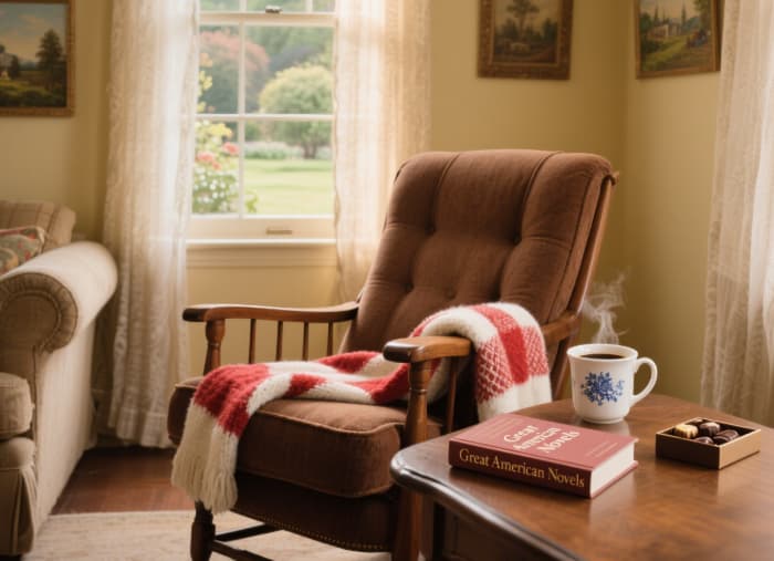 An inviting arrangement a cozy chair draped with a soft throw, a book, a steaming mug, and chocolates nearby – no screens in sight!