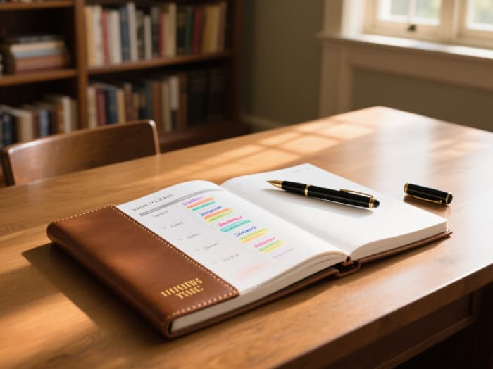 Beautiful functional weekly planner gift open on desk, stylish organization