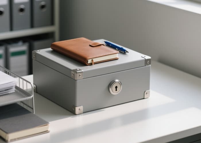 Closed grey timed phone lockbox with brown leather journal and pen on top
