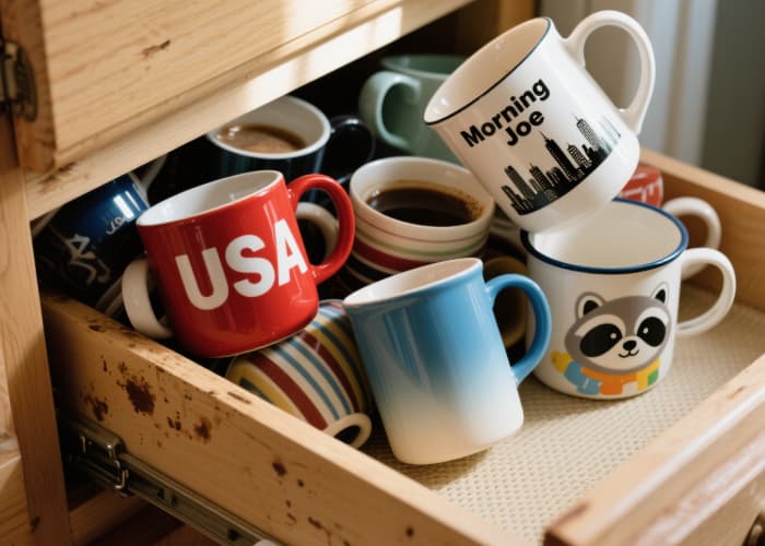 Cluttered kitchen drawer overflowing with various coffee mugs, illustrating the common gift dilemma
