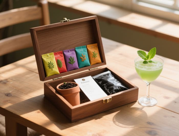 Cocktail herb garden kit gift opened showing contents next to a finished drink, gardening gift for plant mom