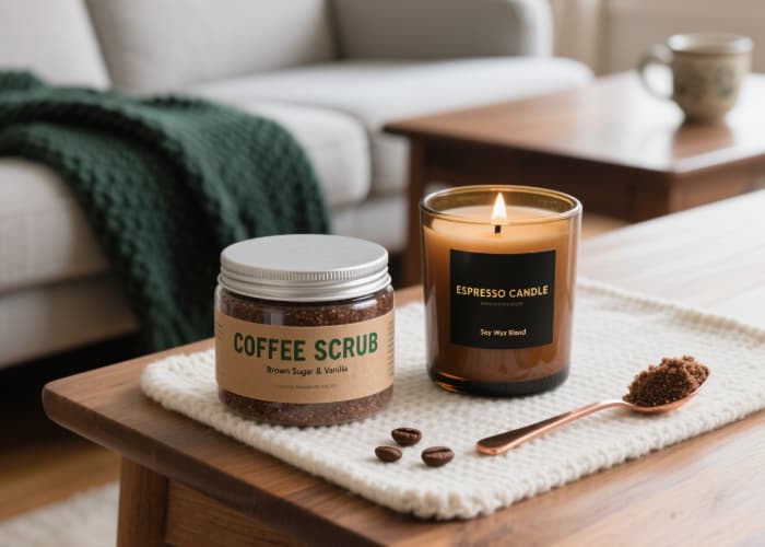 Coffee-infused body scrub and scented candle for sensory coffee indulgence beyond the cup