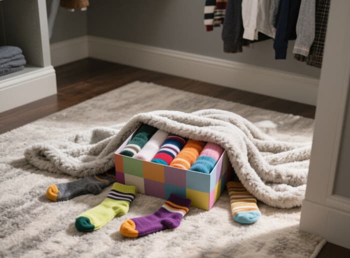 Colorful ultra-soft lounge socks gift peeking from cozy blanket for relaxation