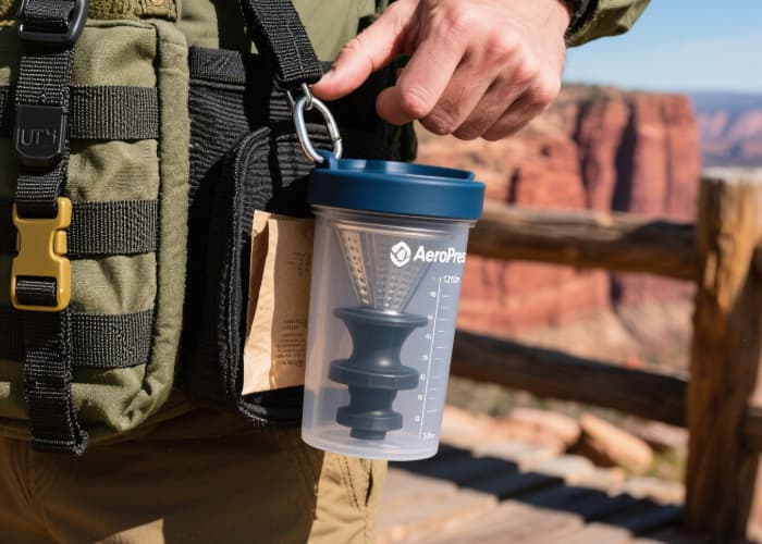 Compact and complete AeroPress Go coffee maker kit packed into its own travel mug