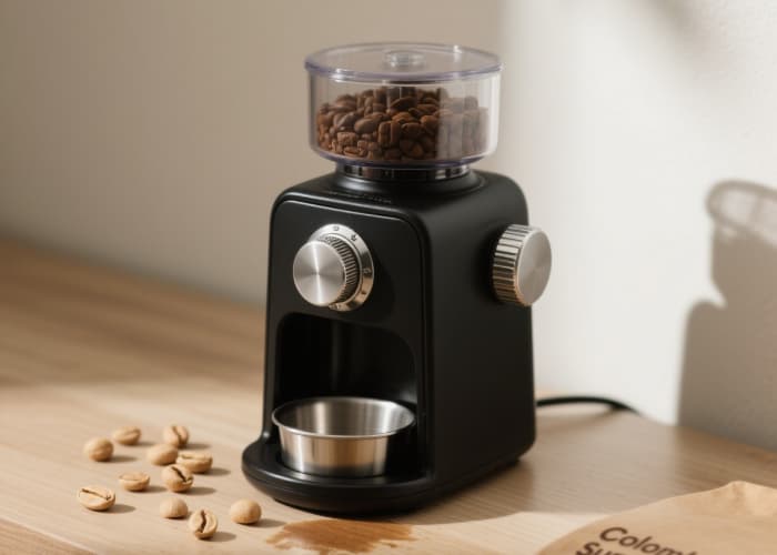 Compact burr coffee grinder for fresh grinding whole beans at home, essential for flavor