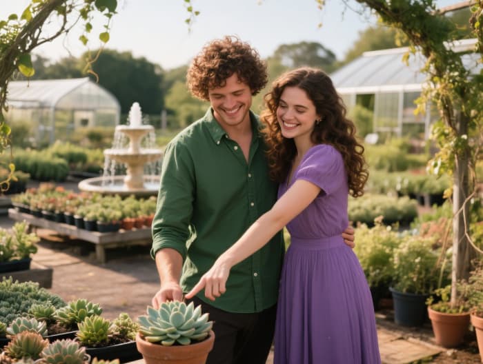 Couple on a special date browsing plants at a nursery, unique gardening experience gift