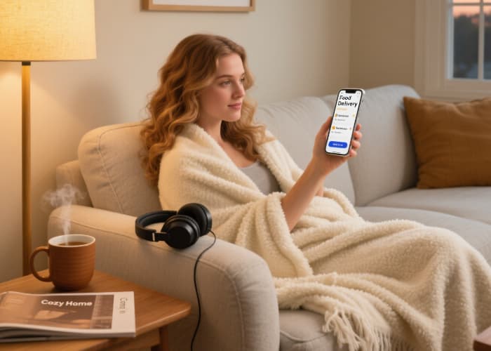 Cozy night in gifts soft throw blanket, headphones, food delivery gift card
