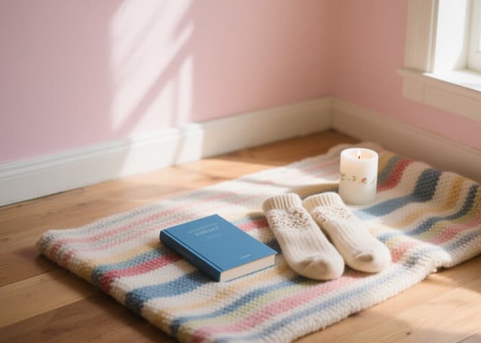 Cozy reading nook gift novel, soft cream socks, and soy candle on a knitted blanket