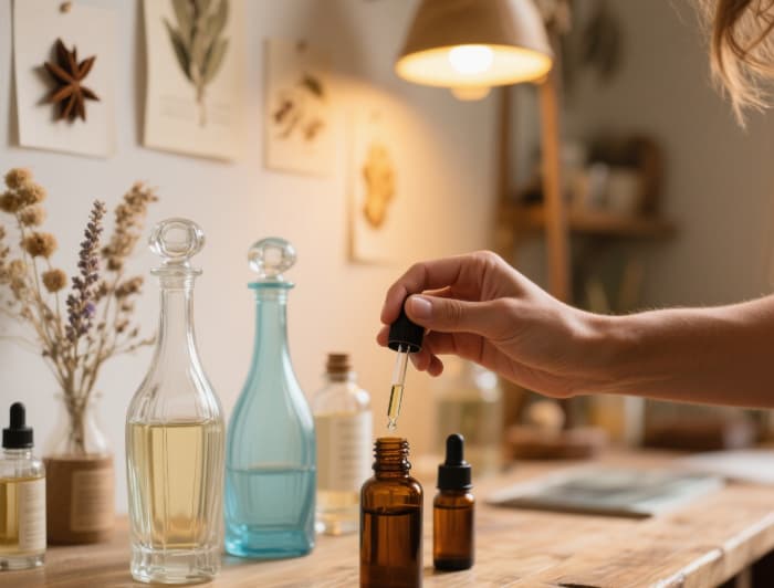 Delicate perfume bottles and essential oil vials arranged elegantly, perhaps with someone carefully blending scents (hands only)
