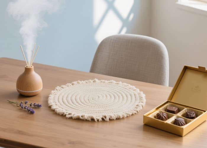 Desk relaxation gifts essential oil diffuser, comfy cushion, gourmet treats for work breaks
