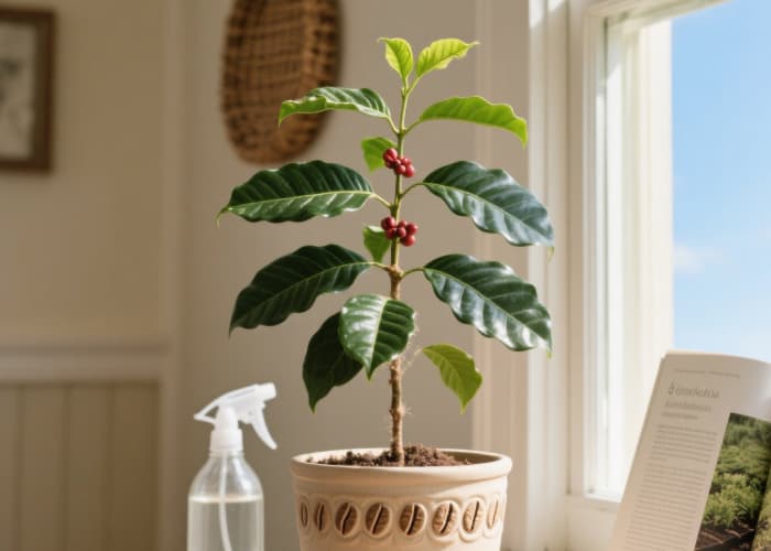 Easy-care coffee arabica plant growing in pot as unique living gift