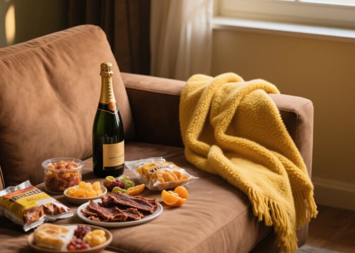 Easy last minute anniversary date night kit snacks, drinks, cozy blanket