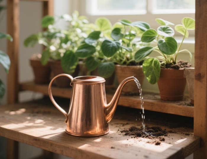 Elegant small copper watering can used for indoor plants, unique gardening gift for plant mom girlfriend