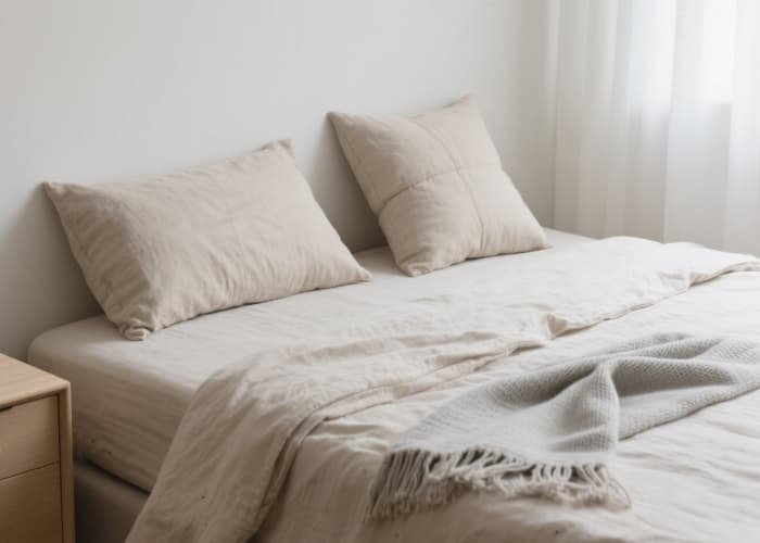 Folded set of natural oatmeal colored linen sheets on minimalist bed
