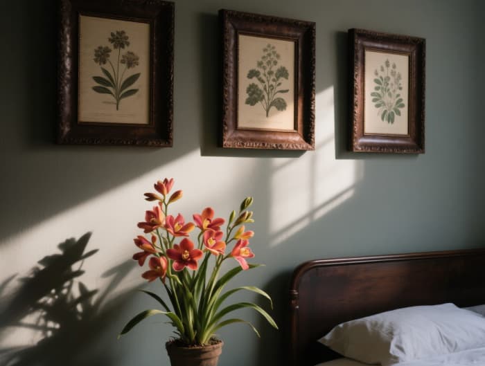 Framed vintage botanical prints hanging above indoor plants, unique decor gift for plant-loving girlfriend
