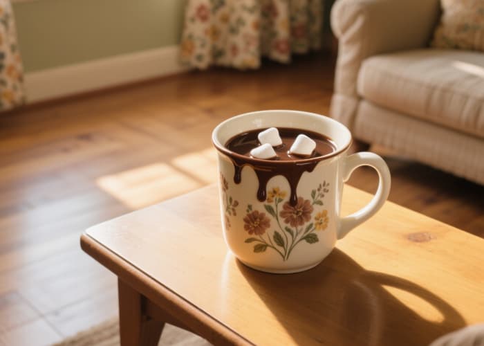 Gourmet hot cocoa bomb gift melting in mug, cozy drink