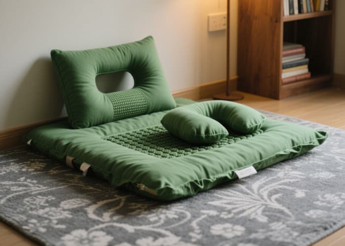 Green acupressure mat and neck pillow set placed on a rug for natural tension relief