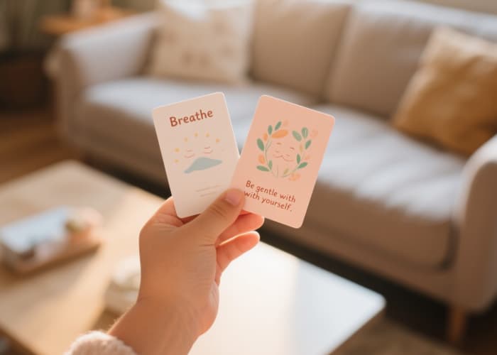 Hand holding gentle illustrated affirmation cards Breathe, You Are Safe
