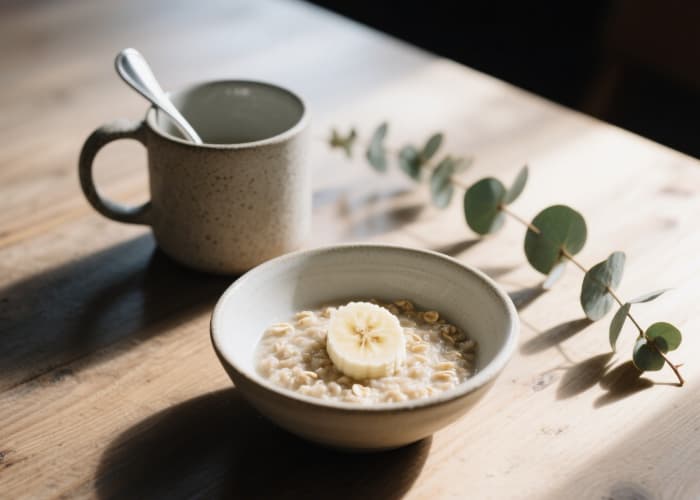 Handcrafted minimalist stoneware breakfast bowl and mug set on wood table