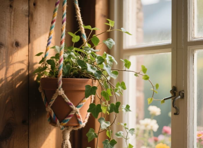 Handmade macrame plant hanger holding thriving pothos near window, unique gift for gardening girlfriend